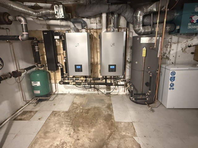Commercial boiler system with hydronic piping.
